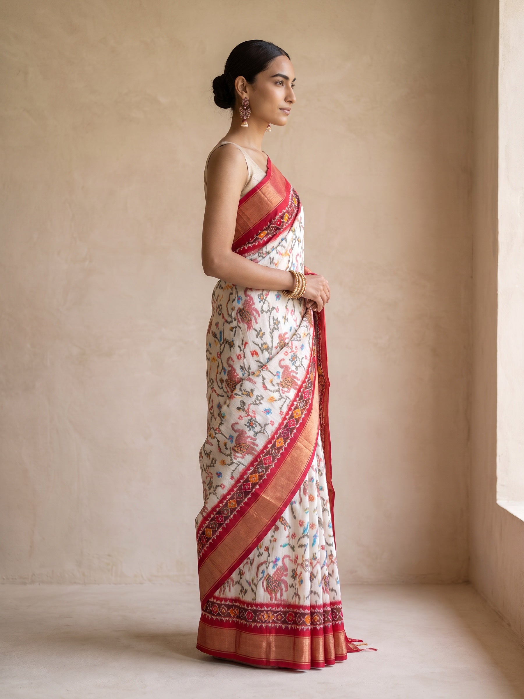 Ivory Pure Kanchivaram Silk Saree - side standing