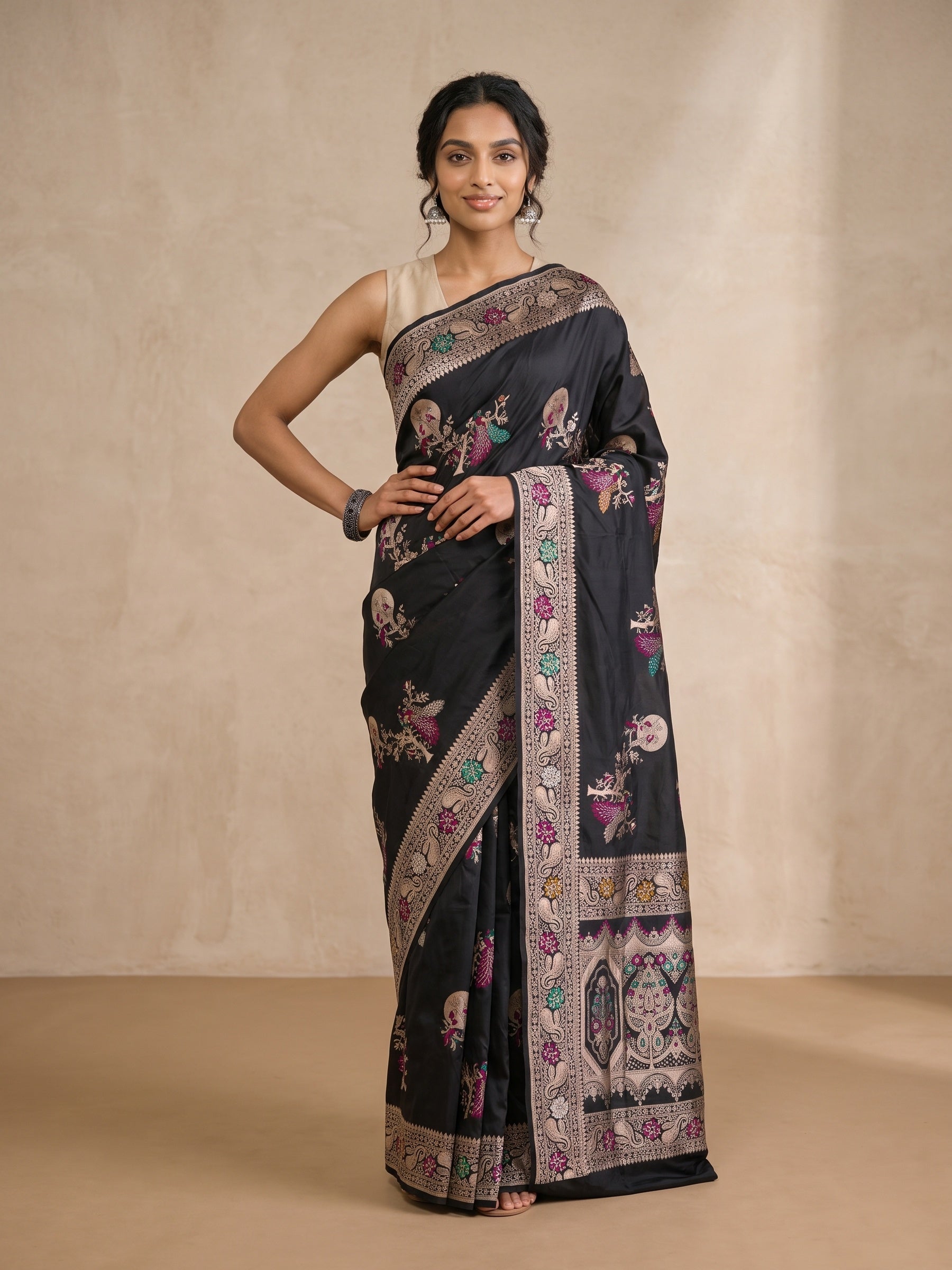 Black Banaras Georgette Saree - front pose