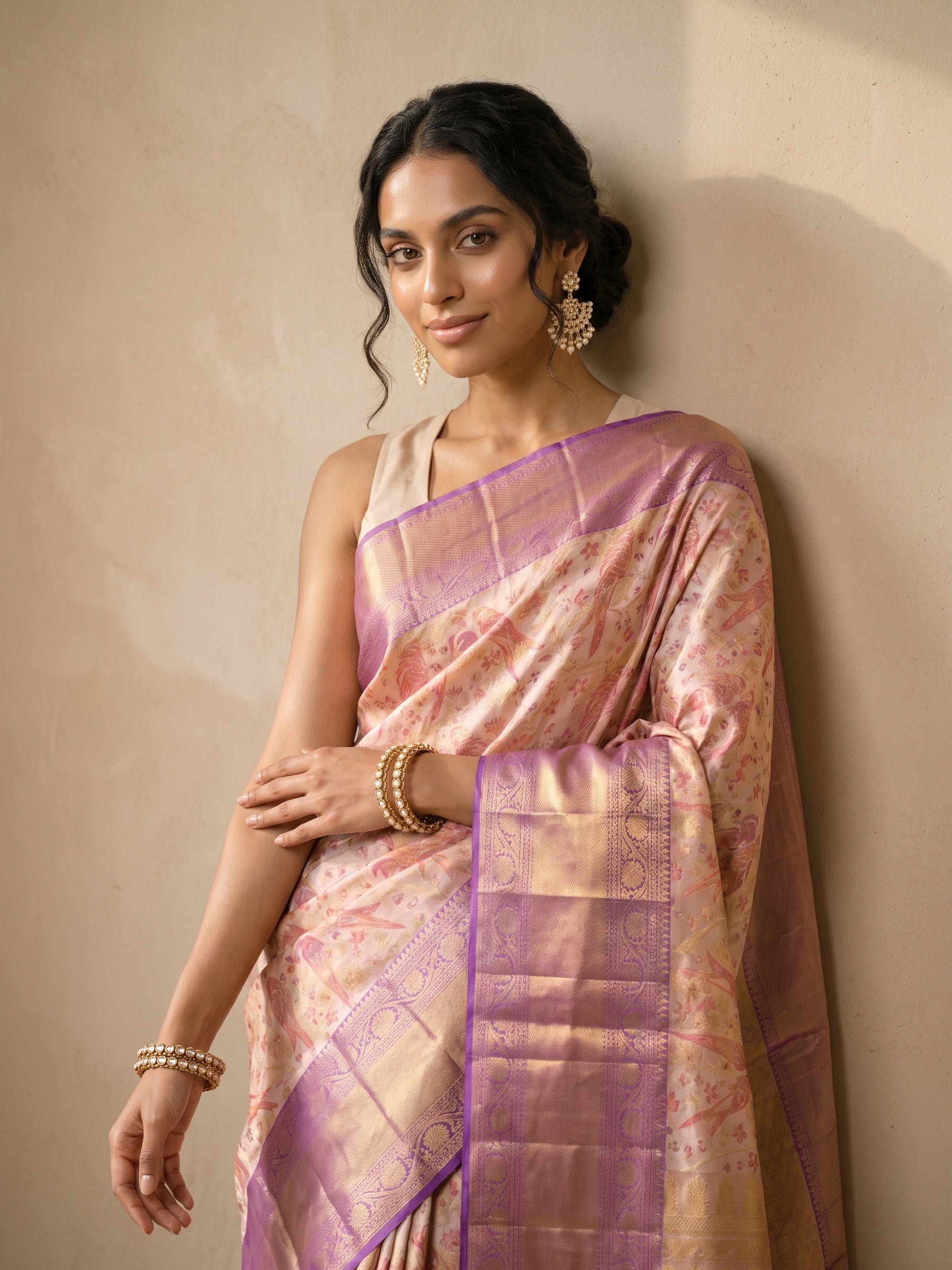 Ivory Pure Kanjivaram Tissue Silk Saree - portrait