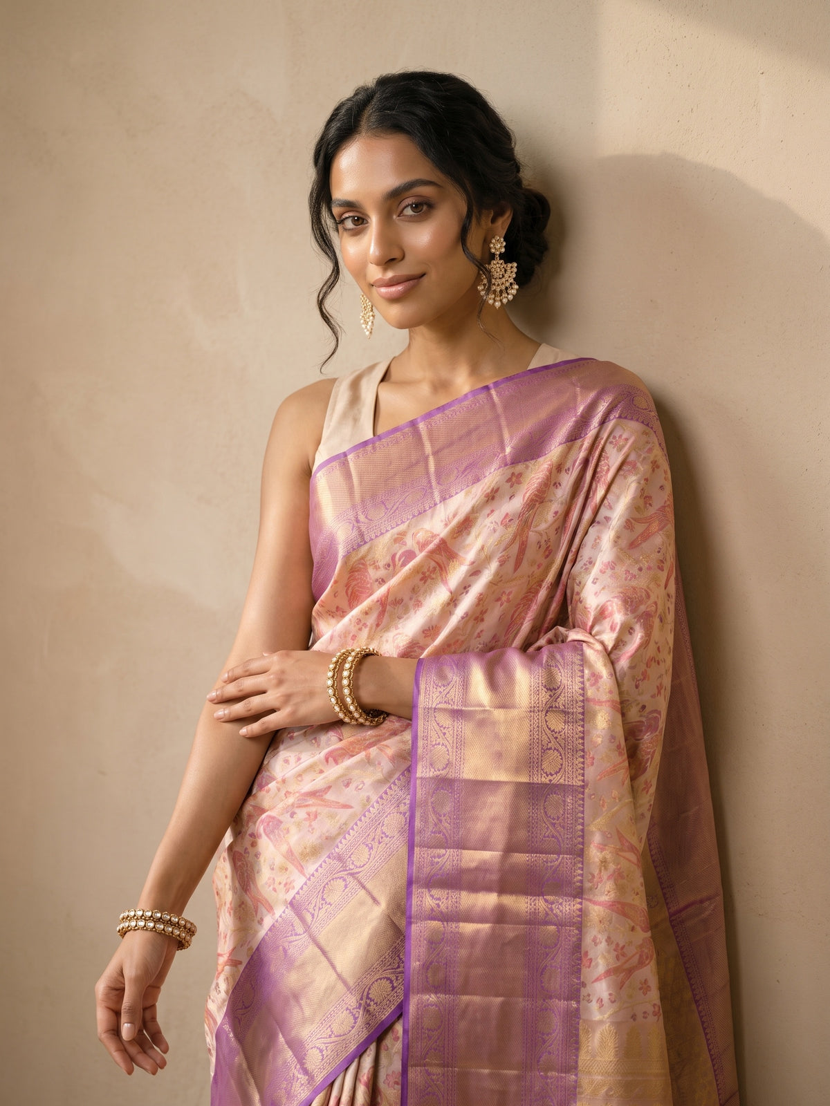 Ivory Pure Kanjivaram Tissue Silk Saree - portrait