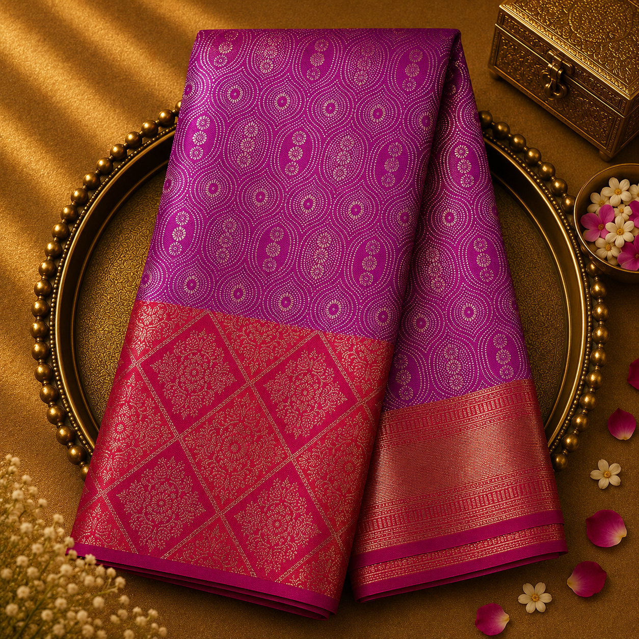 Royal Purple Pure Kanjeevaram Silk Saree with Gold Zari & Orange-Pink Border