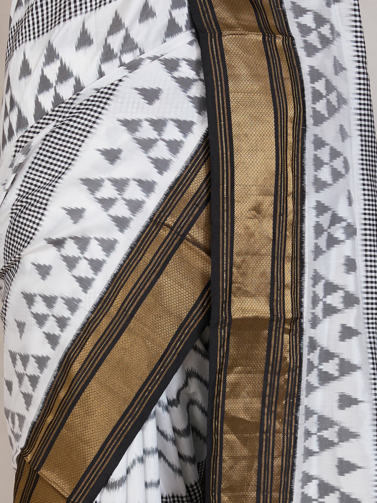 White Ikat Silk Saree - fabric detail
