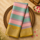 Teal-Pink-Lavender Striped Silk Saree with Silver Zari & Yellow Border