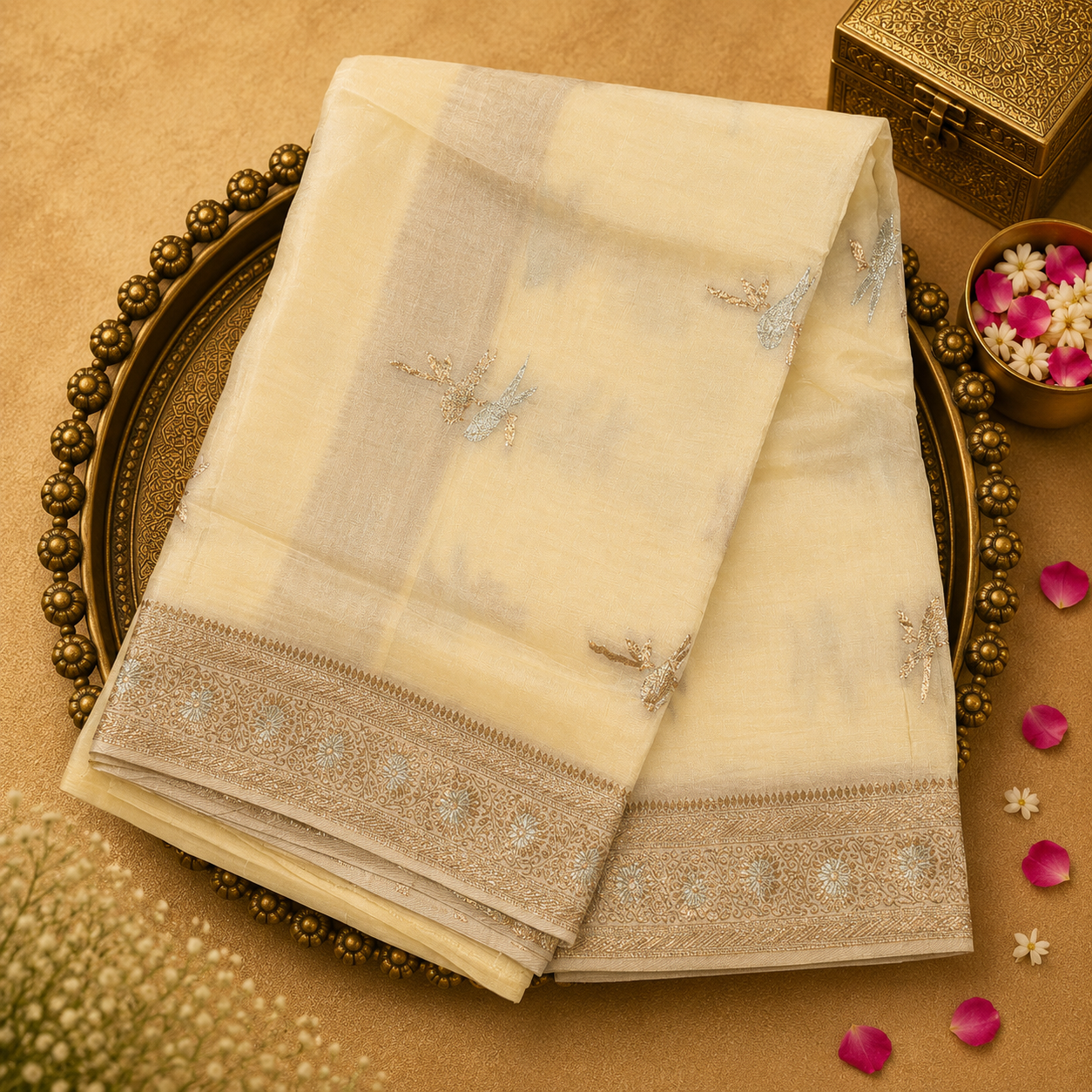 Half White Satin Crepe Silk Saree with Bird Zari Motifs & Gold Border