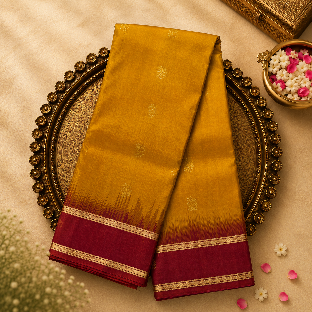 Yellow Silk Saree with Gold Zari Buttas & Red Border