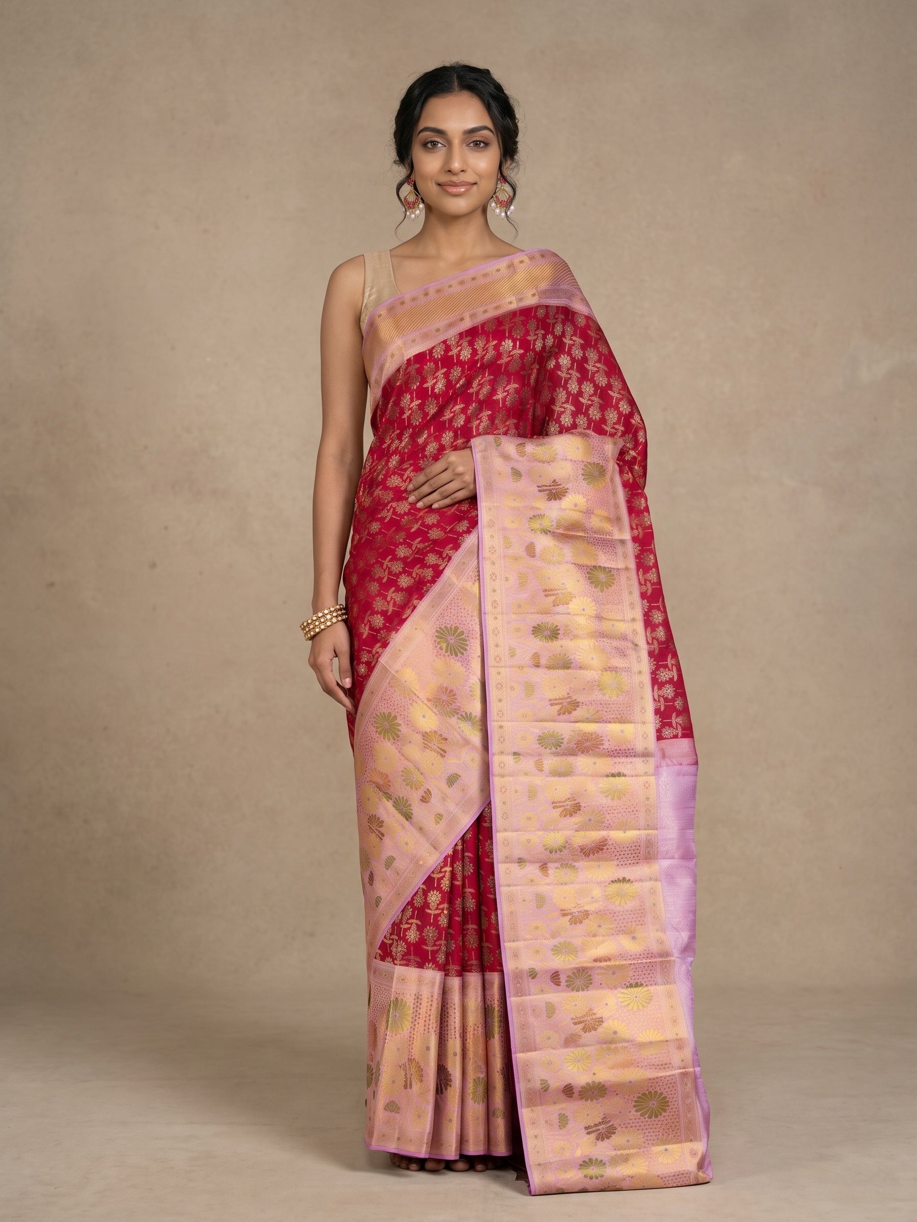 Red Pure Kanjivaram Silk Saree - front pose