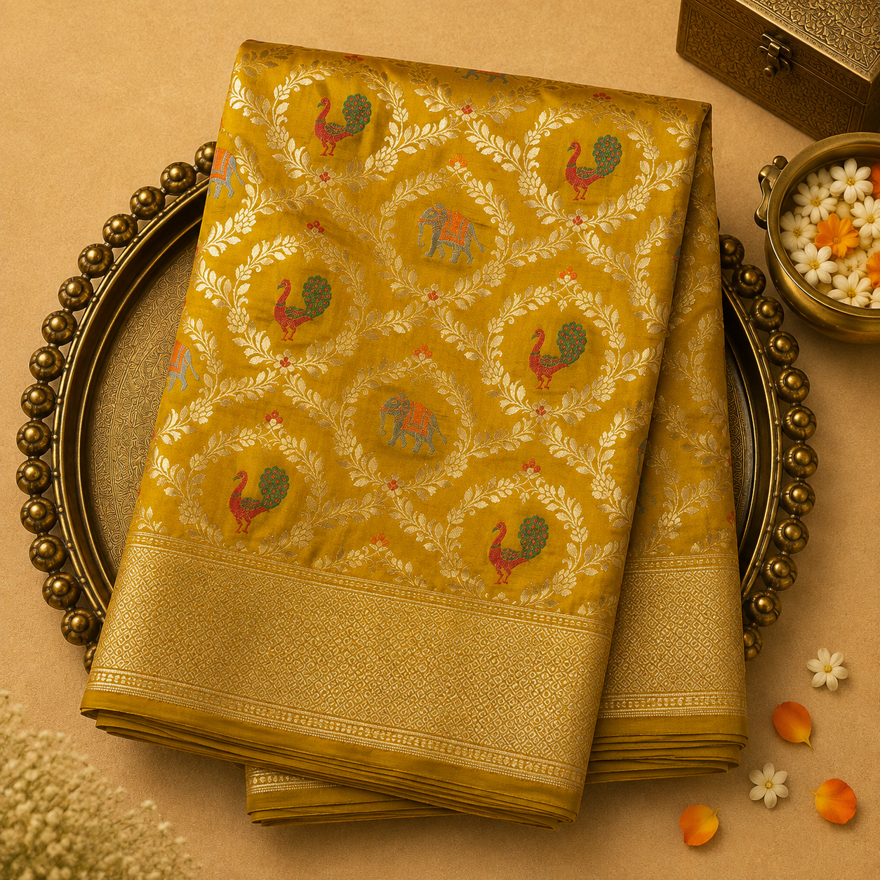 Mustard Yellow Pure Banarasi Silk Saree with Gold Animal Motifs & Yellow-Gold Border