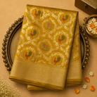 Mustard Yellow Pure Banarasi Silk Saree with Gold Animal Motifs & Yellow-Gold Border