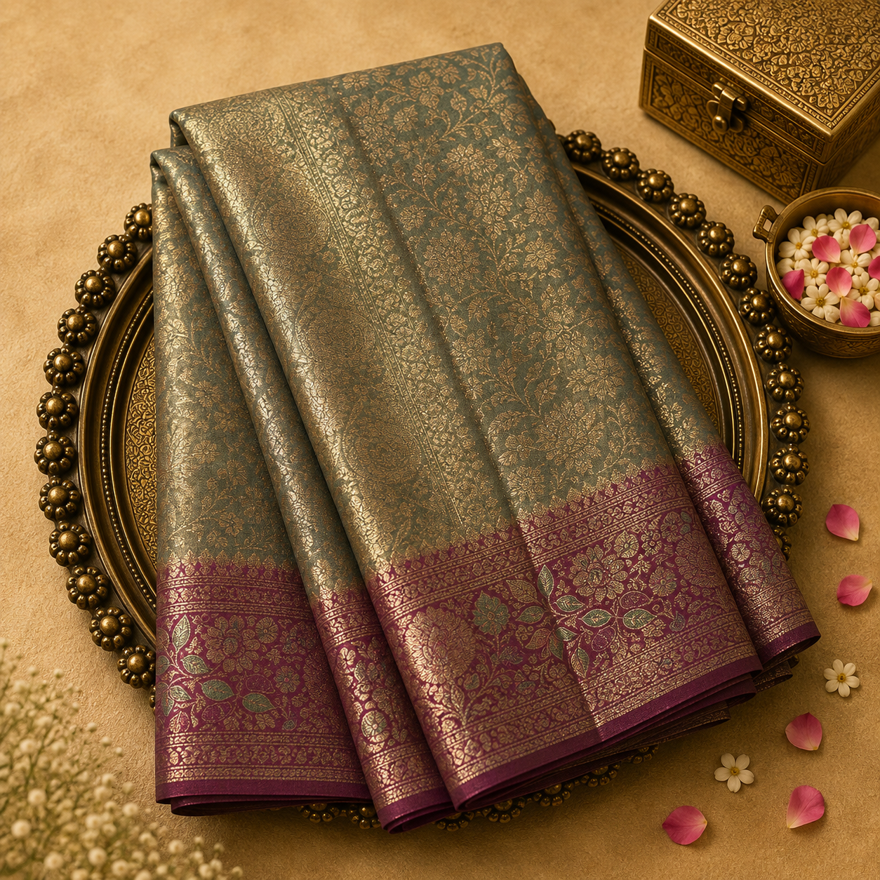 Pastel Green Semi Tissue Silk Saree with Floral Gold Zari & Pink Blouse