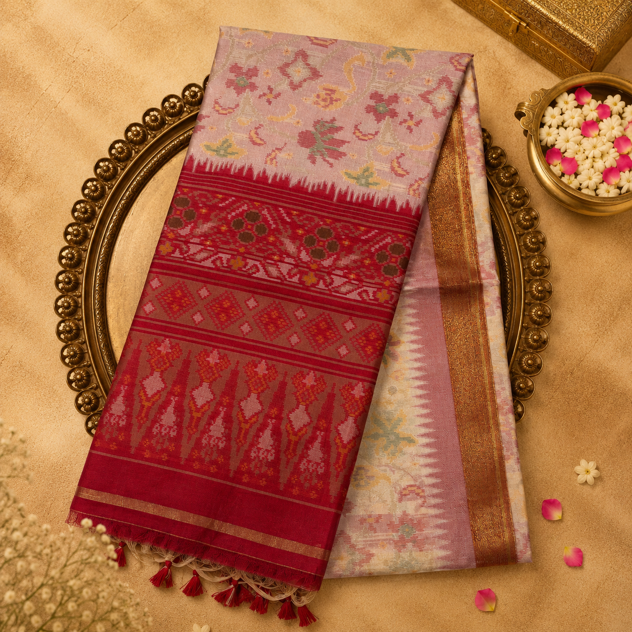 Baby Pink Semi Tussar Silk Saree with Ikat Weave & Red Ikat Pallu