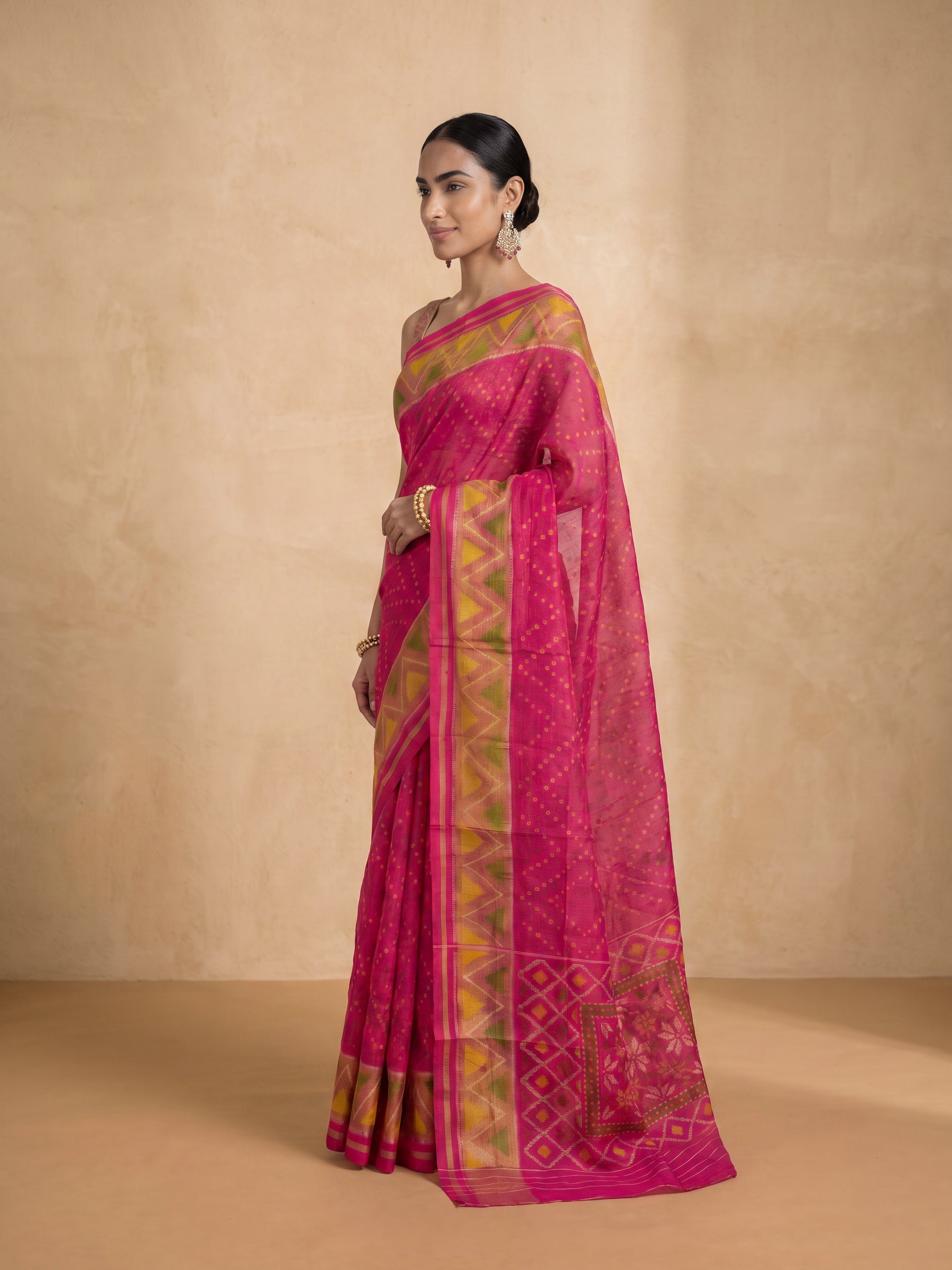Neon Pink Ikat Silk Saree - side standing