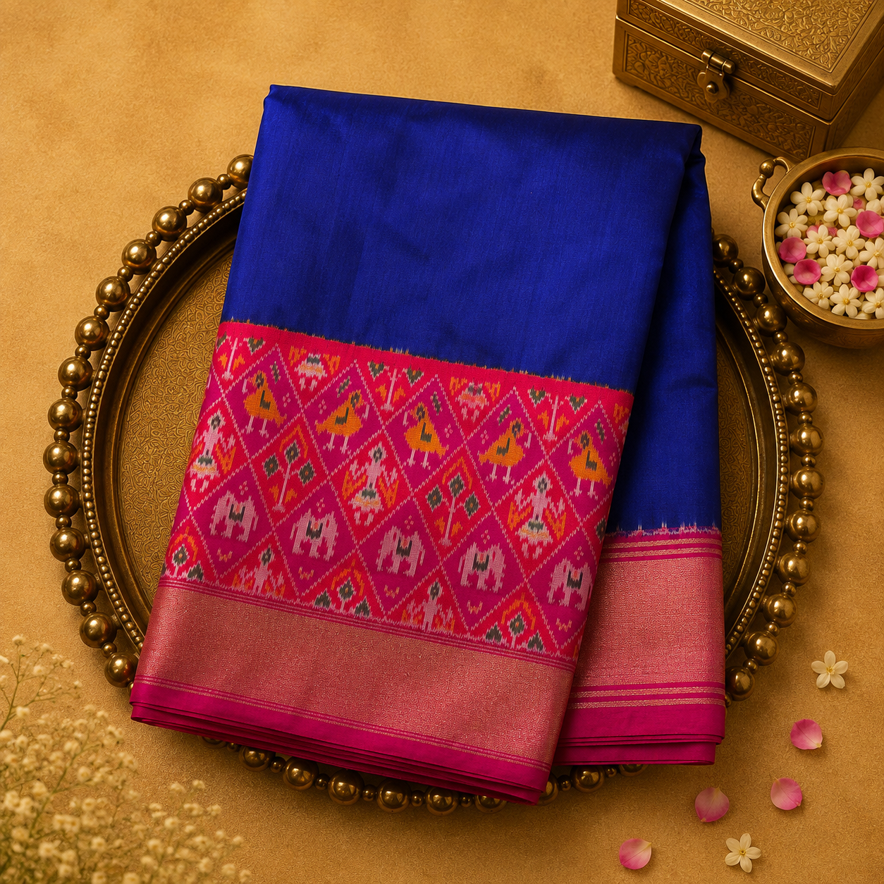 Dark Blue Ikat Saree with Animal Weave & Pink Border