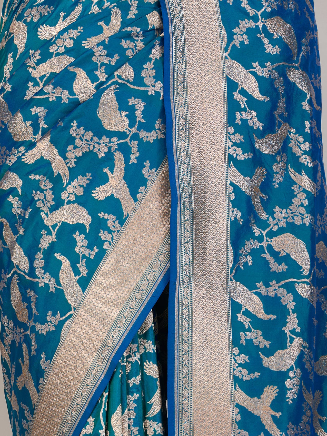 Peacock Blue Banaras Georgette Saree - fabric detail