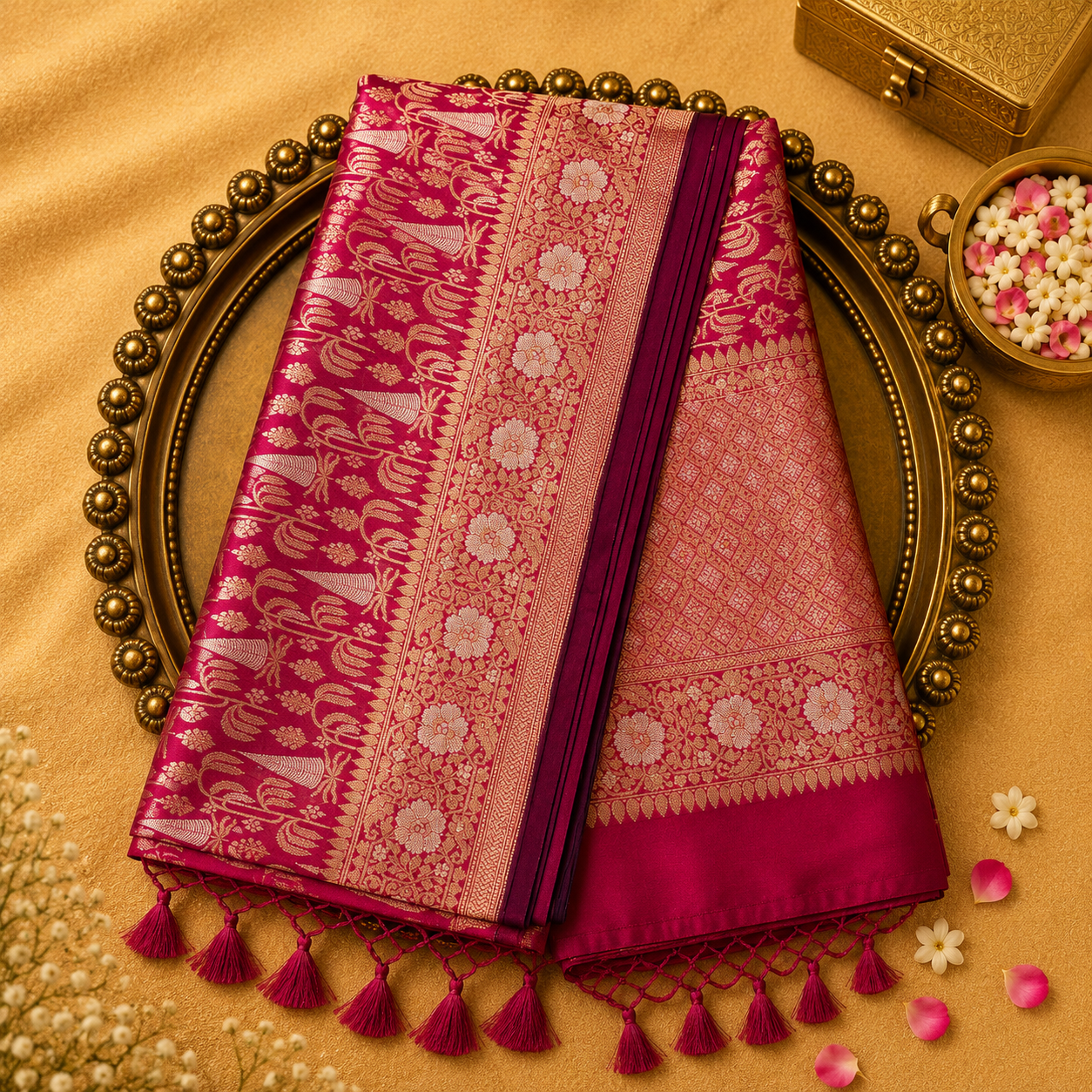 Bright Pink Banarasi Organza Kora Silk Saree with Gold Zari Weave & Floral Zari Border