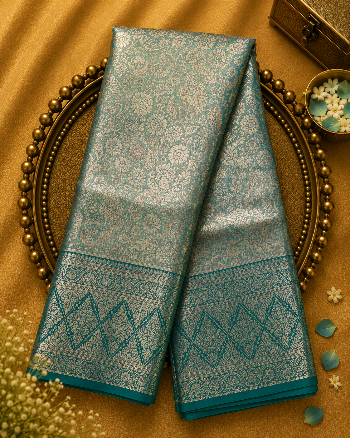 Green Kanjeevaram Silk Saree with Gold Brocade & Peacock Green-Gold Border