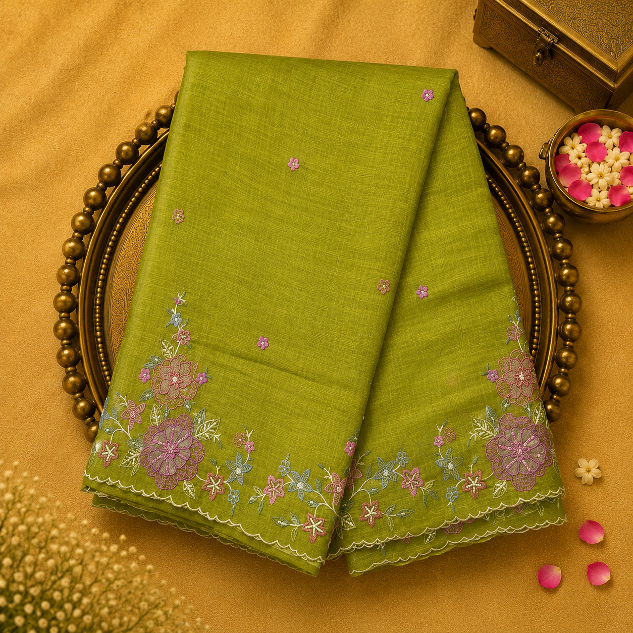 Parrot Green Linen Saree with Floral Embroidery on Borders