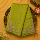 Parrot Green Linen Saree with Floral Embroidery on Borders