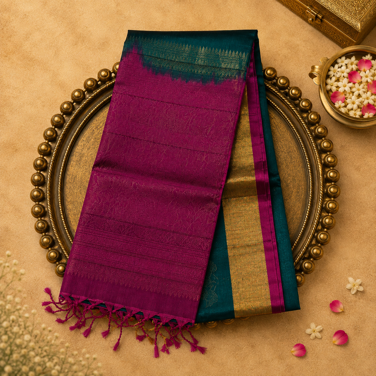 Dark Green Pure Soft Silk Saree with Zari Motifs, Magenta Pallu & Blouse