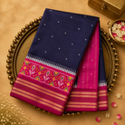 Dark Blue Silk Saree with Silver Zari Buttas & Pink Ikat Border