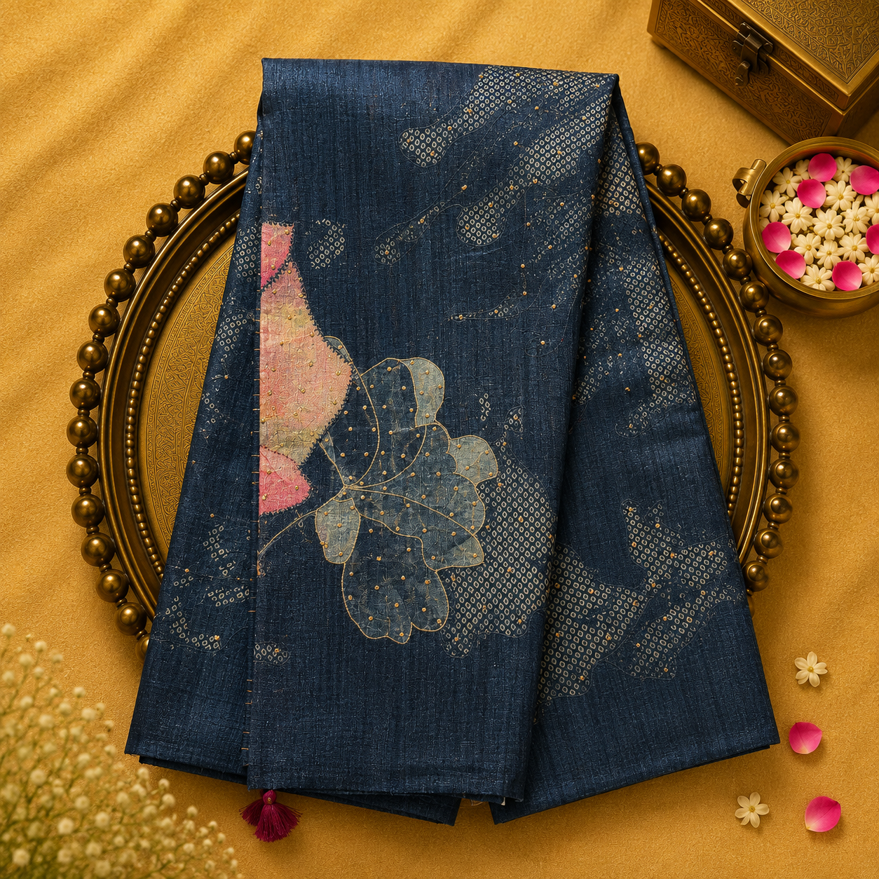 Dark Blue Tussar Mulberry Silk Fancy Saree with Floral Motifs