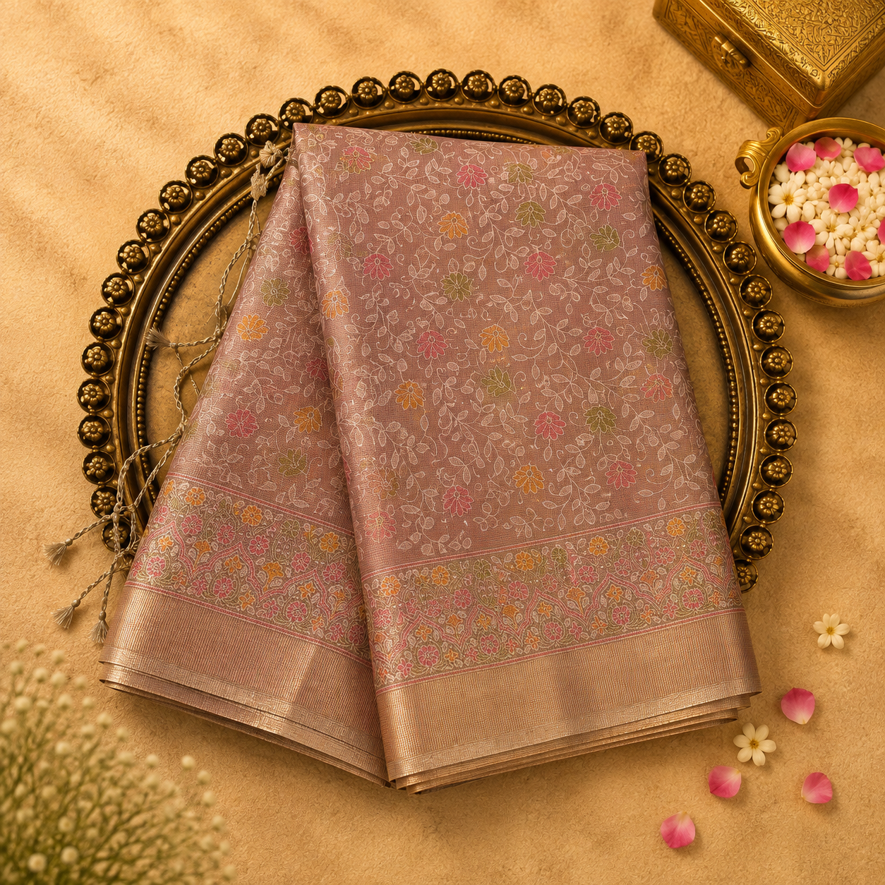 Baby Pink Kota Cotton Saree with Floral Embroidery, Gold Zari Border & Running Blouse