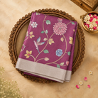 Dark Purple Raw Silk Saree with Floral Print and Silver-Toned Border