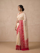 Beige Banaras Tussar Silk Saree - side standing