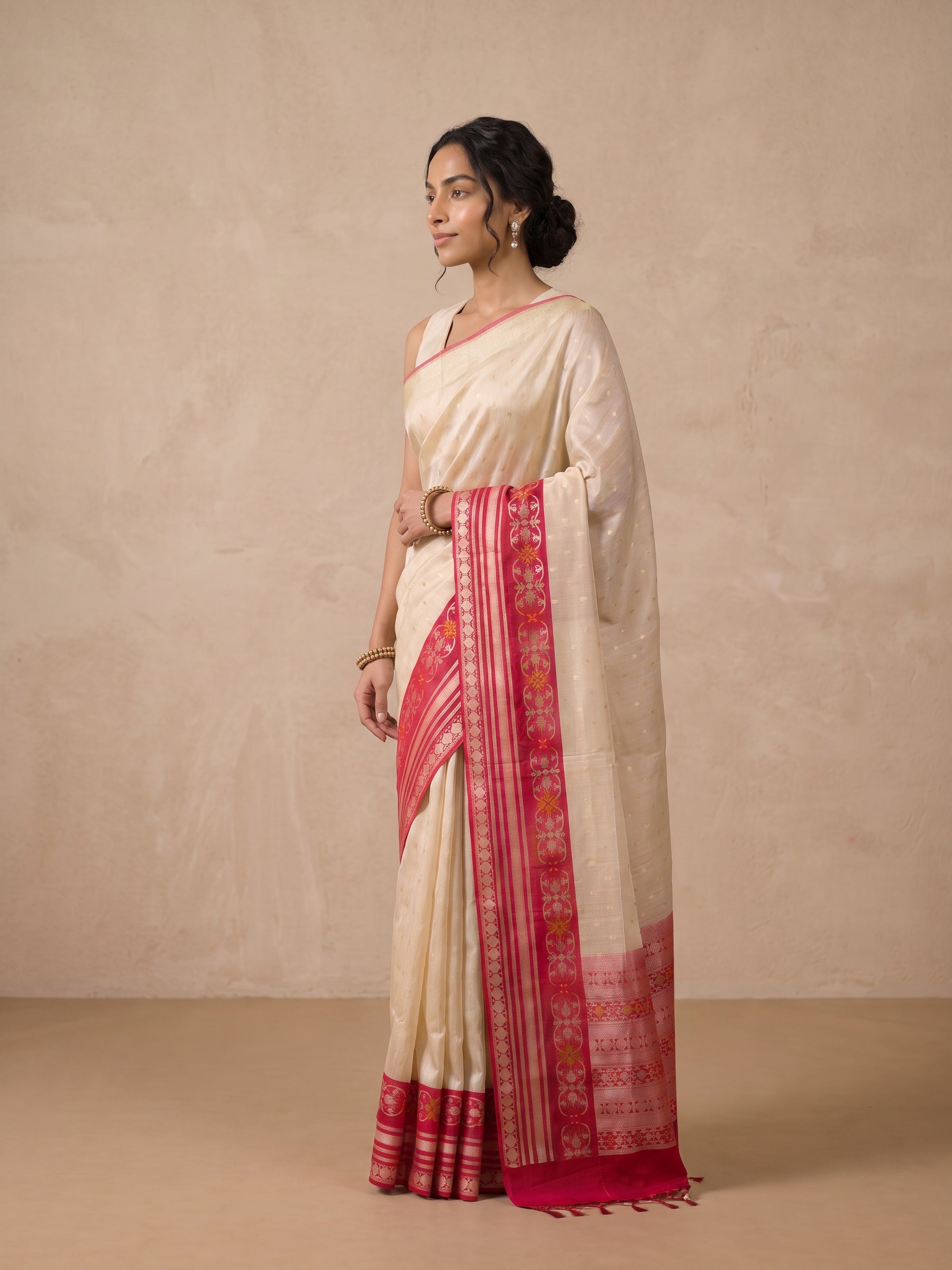 Beige Banaras Tussar Silk Saree - side standing