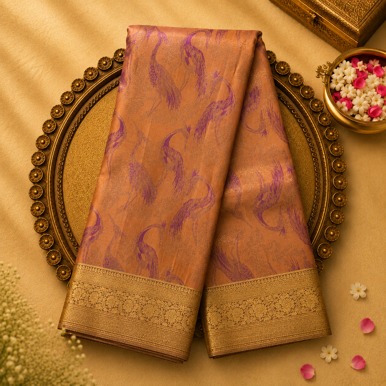 Brownish Orange Silk Saree with Purple Bird Motifs & Gold Border