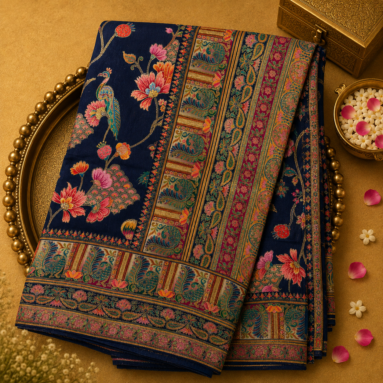 Dark Blue Semi Crepe Silk Saree with Multicolour Pashmina Floral Weave & Border