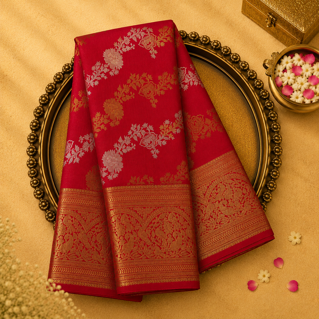 Bright Red Kanjeevaram Silk Saree with Silver-Gold Floral Zari & Gold Border