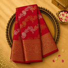 Bright Red Kanjeevaram Silk Saree with Silver-Gold Floral Zari & Gold Border