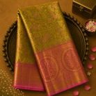 Mehendi Kanjeevaram Silk Saree with Bird-Floral Zari & Peach-Gold Border