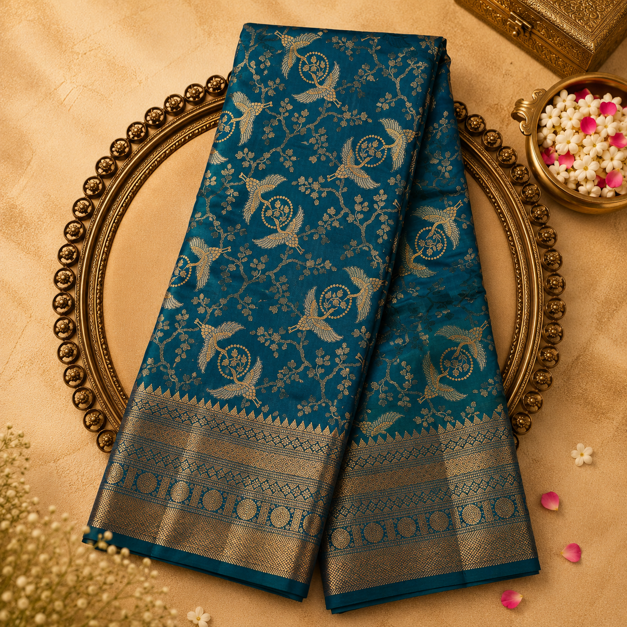 Bright Blue Pure Kanjeevaram Silk Saree with Gold Zari Work & Blue-Gold Border