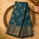 Bright Blue Pure Kanjeevaram Silk Saree with Gold Zari Work & Blue-Gold Border