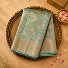 Pastel Green Banarasi Silk Saree with Floral Zari & Gold Border