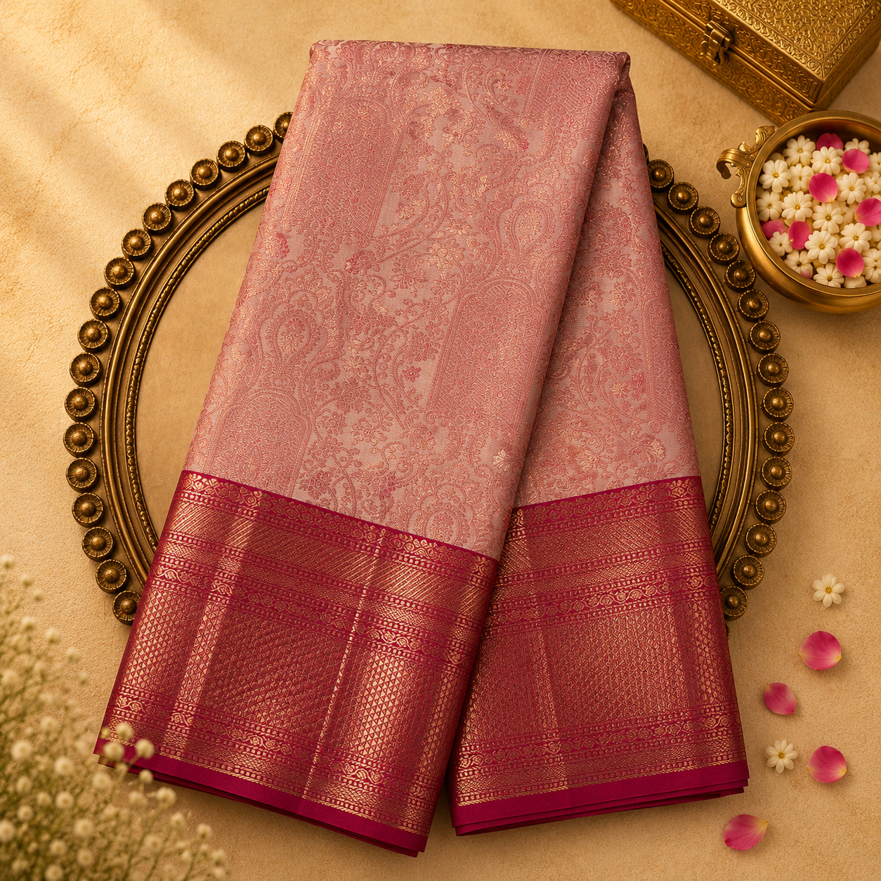 Baby Pink Pure Kanjeevaram Silk Saree with Pink Zari Work & Dark Pink-Gold Border