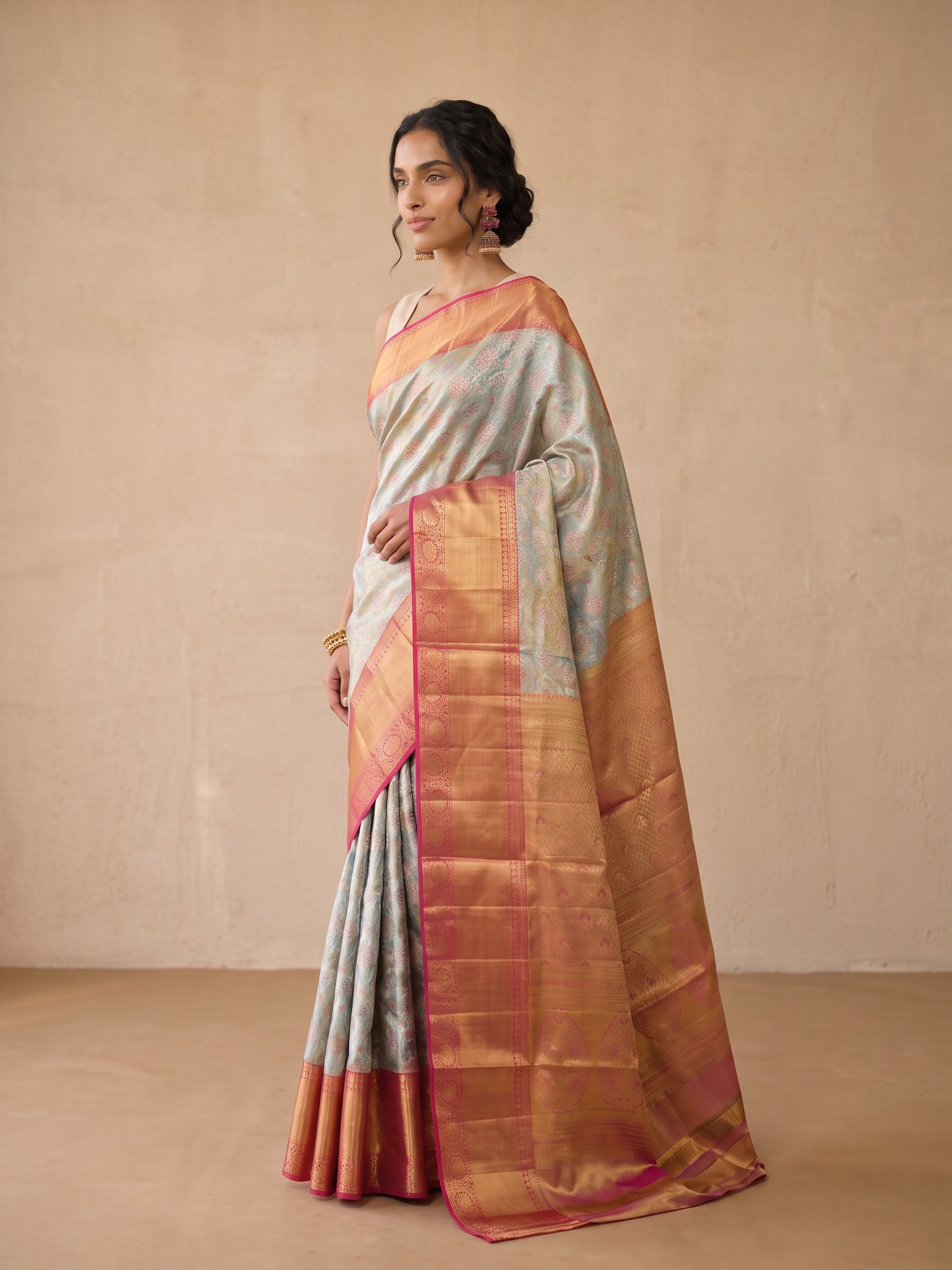 Ice Blue Pure Kanjivaram Silk Saree - side standing