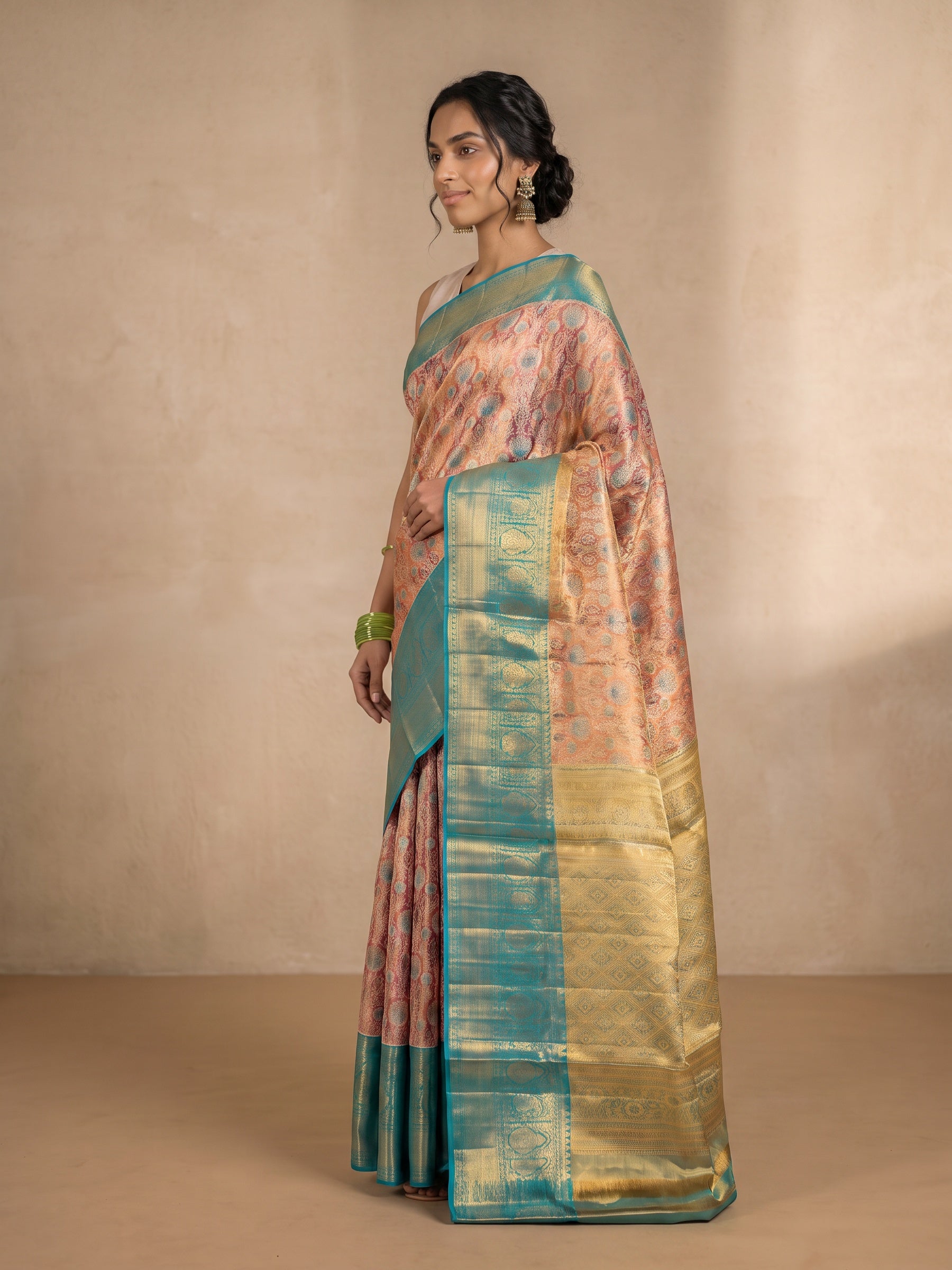 Rust Orange Pure Kanjivaram Tissue Silk Saree - side standing