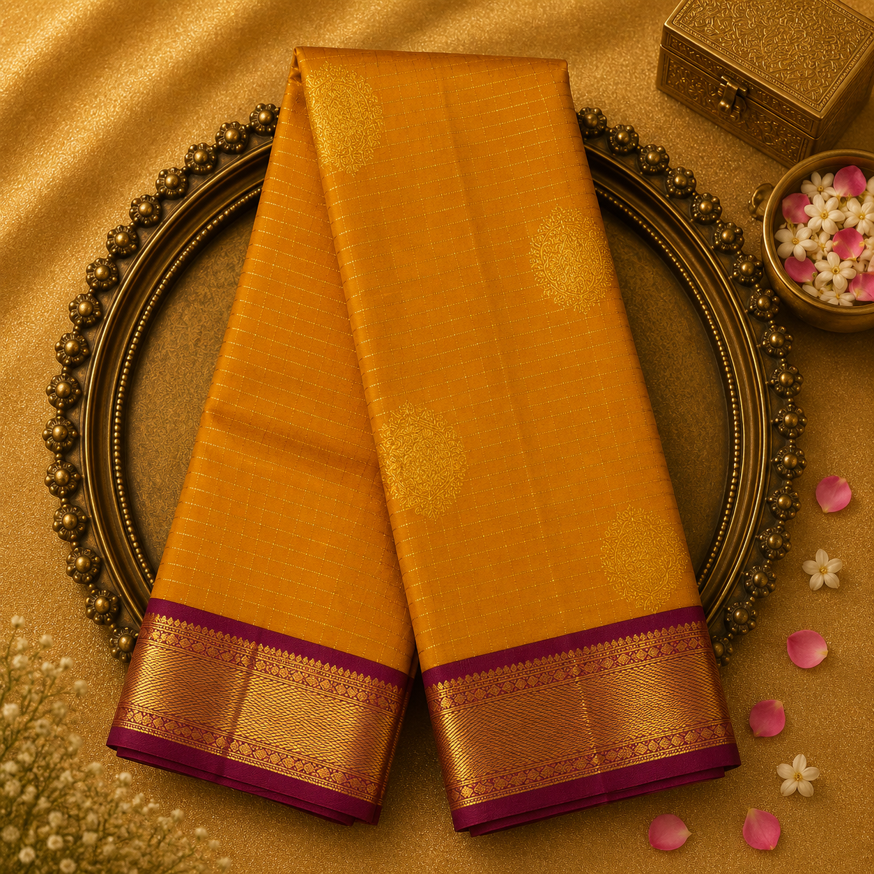 Mustard Yellow Kanjeevaram Silk Saree with Zari Checks & Mango Motifs