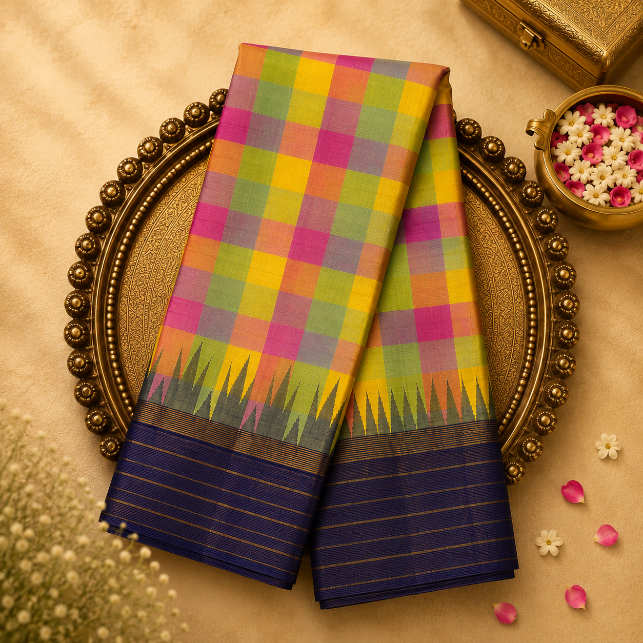 Multicolor Checked Saree with Blue-Gold Temple Border