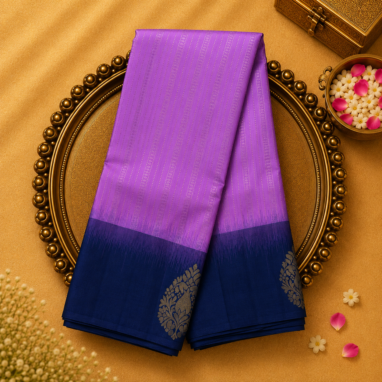Orchid Purple Silk Saree with Vertical Zari Lines & Dark Blue Border