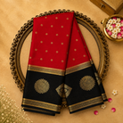 Red Semi Crepe Silk Saree with Gold Buttas, Black Zari Motif Border & Black Blouse