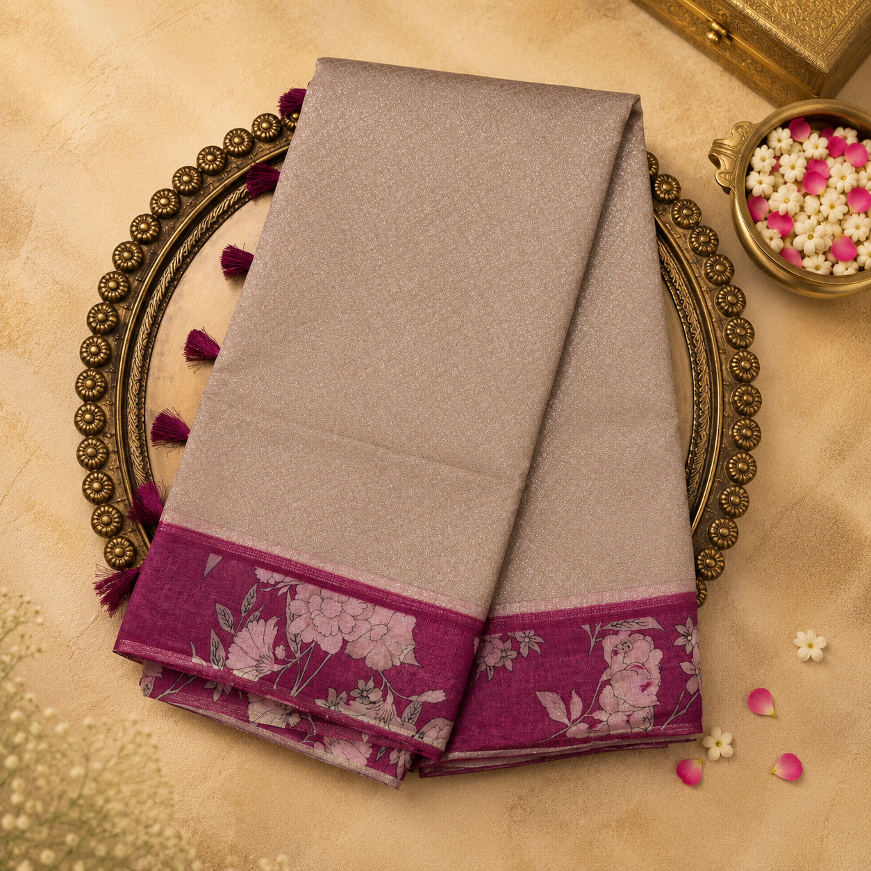 Half White Semi Tussar Silk Saree with Gold Zari & Pink Floral Border