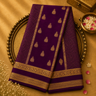 Dark Purple Mysore Silk Saree with Gold Zari Checks, Motifs & Zari Border
