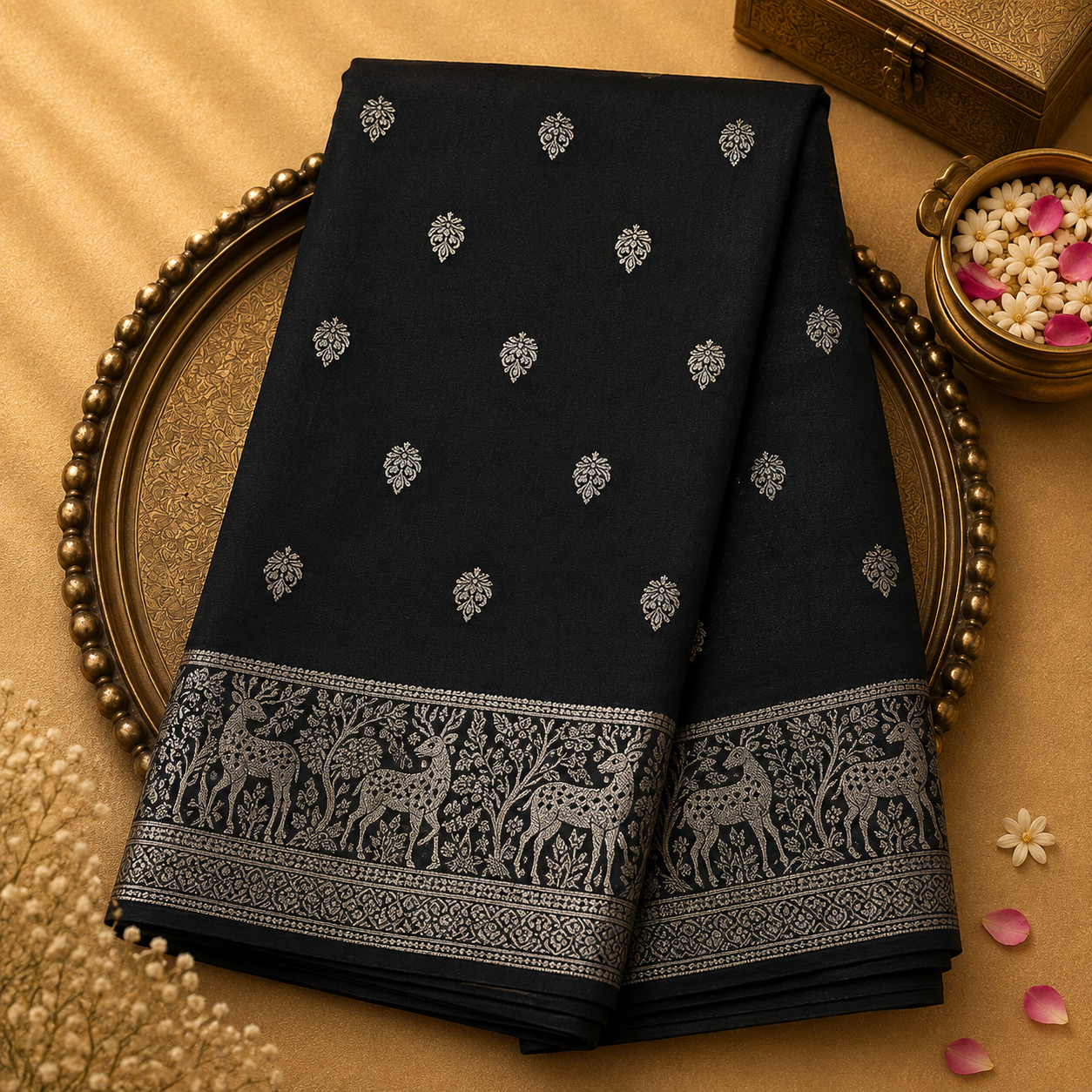 Grey-Black Mugan Tussar Silk Saree with Silver Zari Buttas & Deer Border