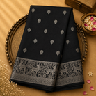 Grey-Black Mugan Tussar Silk Saree with Silver Zari Buttas & Deer Border