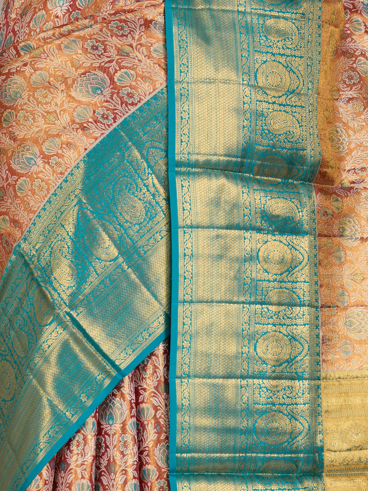 Rust Orange Pure Kanjivaram Tissue Silk Saree - fabric detail
