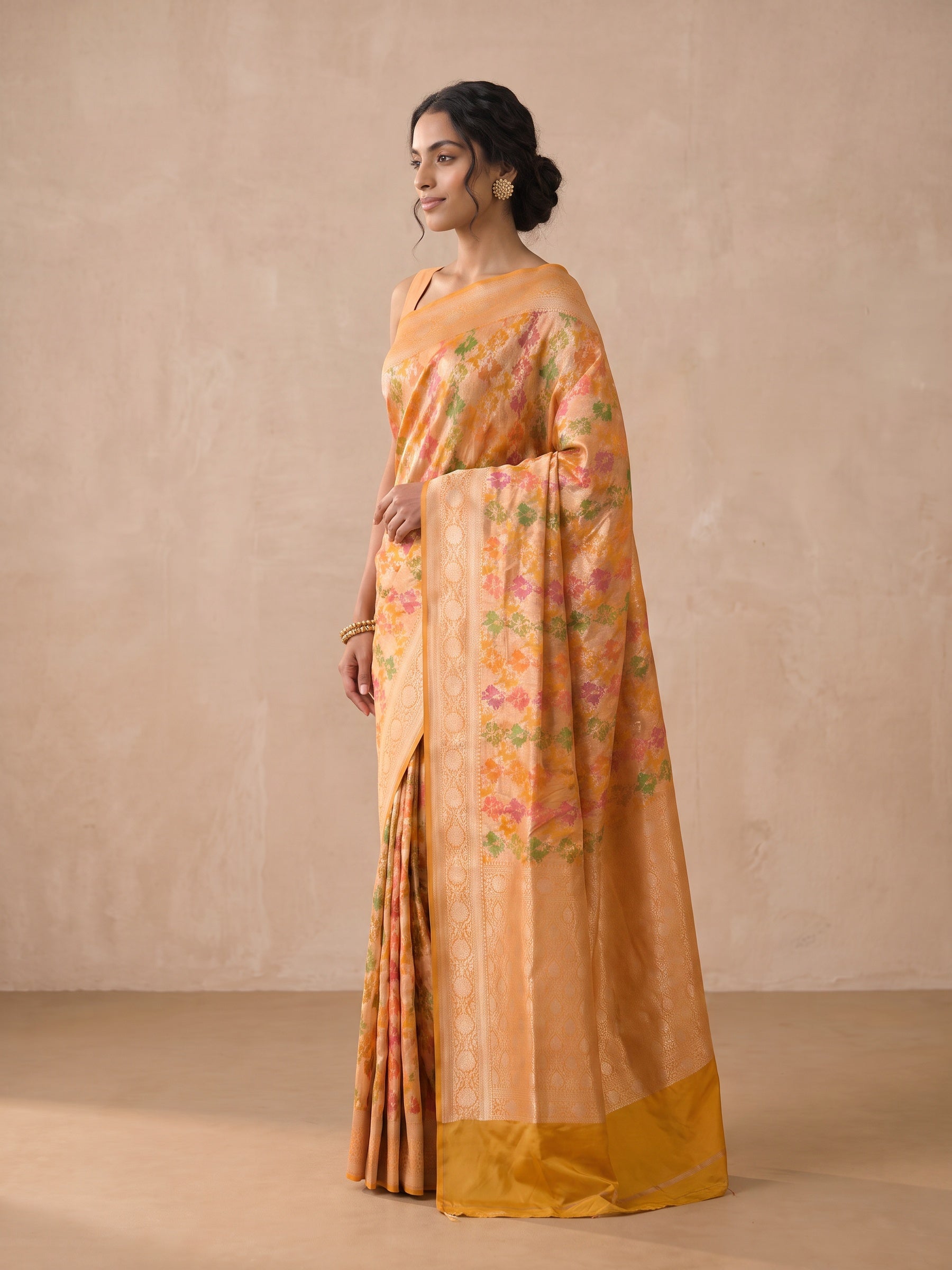 Peach Banaras Georgette Saree - side standing