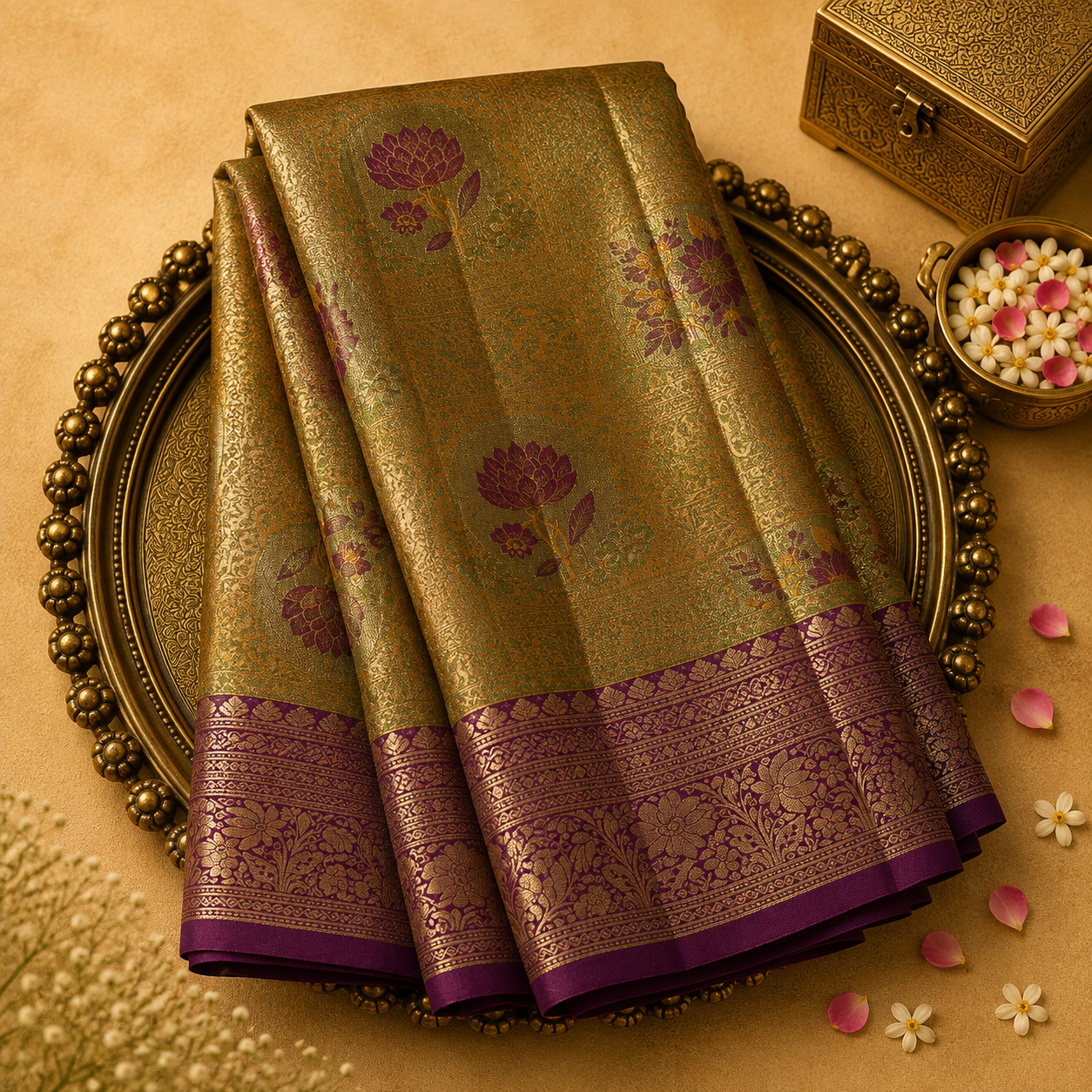Gold-Mehendi Semi Tissue Silk Saree with Gold Zari Weave& Purple Blouse 